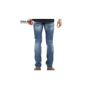Jean en denim délavé coupe slim et droite pour homme SIMURA, taille mi-haute, style décontracté, 100 % coton, tissu respirant - Product Image 1