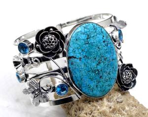 Manchette en argent sterling 925 faite à la main pour femmes motif floral topaze bleu turquoise meilleur cadeau de mariage pour les fêtes chrétiennes - Product Image 1