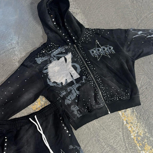 2025 tendencia creador a medida Rhinestone Baggy Zip cierre Streetwear chándal lujoso edredón pantalones de chándal acampanados Sudadera con capucha - Product Image 3