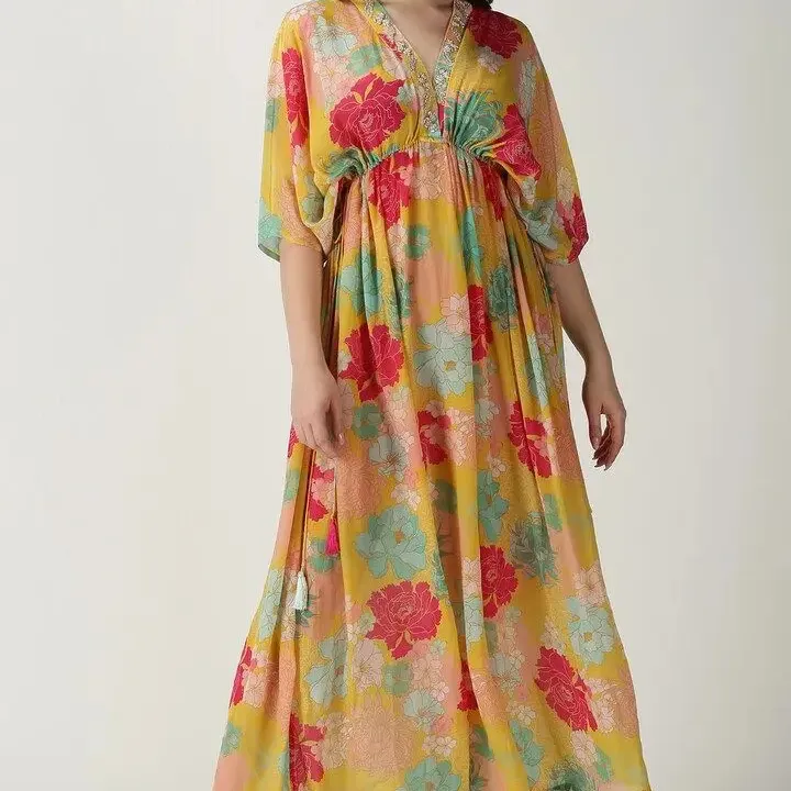 Nieuwkomer Katoenen Stof Met Bloemenprint Geel Crêpe Zijde Bedrukt Kaftan Lange Maxi-Jurk Voor Dames