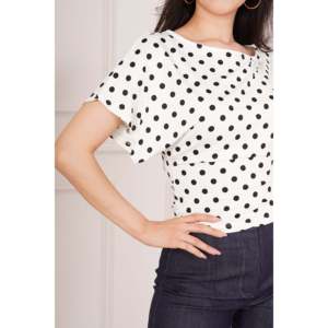 Blusa Elegante de Manga Corta con Cuello de Lazo y Estampado de Puntos Blancos para Mujer, Marca LUSTRIN, con Tela Fluida de Poliéster y Elastano para Oficina - Product Image 2