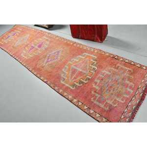 Alfombra Turca Herki Vintage de 2.9x11.6 pies (88x354 cm), Alfombra de Lana Marroquí Naranja - Product Image 4