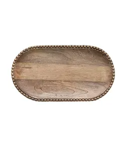 14 Inches Hand-Carved Mango Wood Beads Natural and Gold Finish Tray