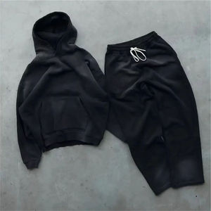 Chándal recortado con cremallera vintage lavado con ácido estampado completo en relieve desteñido al sol personalizado de los fabricantes, conjunto de pantalones de chándal y Sudadera con capucha - Product Image 3