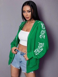 Sweat à capuche en molleton de coton pour femme, épaules tombantes, fermeture éclair, hiver, avec logo personnalisé - Product Image 6