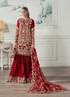 Robe de mariée rouge brodée style lehenga avec traîne, col en V, manches longues, coupe trapèze, longueur ras du sol pour la mariée