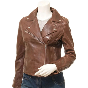 Premium Custom Women Brown Genuine <b>Leather</b> <b>Biker</b> <b>Jacket</b> Slim Fit Asymmetric Zipper Ladies Motorcycle Outerwear - Product Image 1