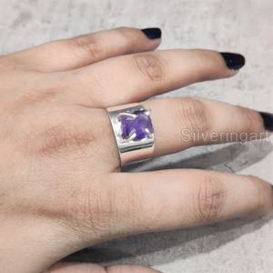 Joyería de piedra en bruto Anillo de mujer Piedra preciosa de amatista cruda natural Piedra natal de Febrero Joyería de piedra ancha vintage Anillo de plata esterlina 925 - Product Image 3