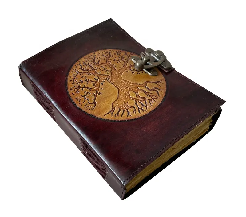 Pohon Kehidupan antik buatan tangan stiker tepi kertas kuning coklat timbul Vintage kulit Buku Jurnal buku buku mantra