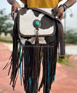 Nouveau Style occidental cheveux sur cacher fourrure cuir perles sac à franges haute qualité Boho femmes cuir Turquoise pierre taille idéale sac à main - Product Image 2