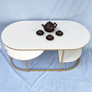 Modern Oval <b>Coffee</b> <b>Table</b> with Stone Top and Gold-Painted Frame Durable Living Room Furniture with Movable Drawers TT68177 - Product Image 4