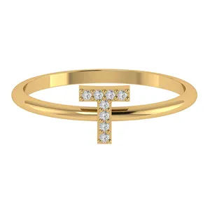 Sólido 14K oro amarillo T inicial anillo Pave diamante joyería hecha a mano A a Z minimalista letras anillo oro diamante joyería T anillo - Product Image 1