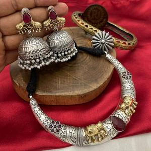 Designer Superb Quality Royal Heritage Elephant Oxidized <b>Necklace</b> <b>Set</b> With <b>Earrings</b> Engagement Party Wear For Women <b>And</b> Girls - Product Image 1