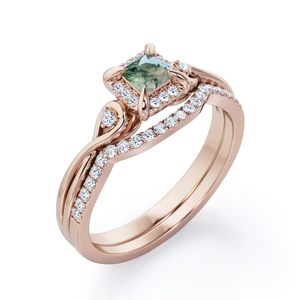 Anillo de Plata de Ley 925 con Doble Banda, Corte Princesa Clásico, Ágata Verde Musgo y Circonita con Engaste de Garras para Boda, Compromiso o Fiesta - Product Image 2