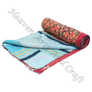 100% coton Vintage Kantha Mughal Print Quilts Kantha Mughal Print Throws indien réversible cousu à la main lourd jeter vieux sari