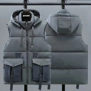 Chaleco acolchado grueso para exterior con logotipo personalizado para hombre, chaqueta de invierno con bolsillo y cremallera y cuello levantado, chaleco acolchado negro para hombre - Product Image 3
