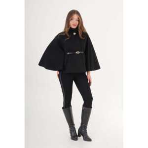Ventes en gros de manteaux noirs pour femmes avec ceinture et style poncho à un seul bouton - Product Image 1