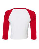 T-shirt court ajusté BELLA + CANVAS pour femme, blanc/rouge, en micro-rib, manches raglan 3/4, ultra doux, 50% coton, 50% maille ajourée
