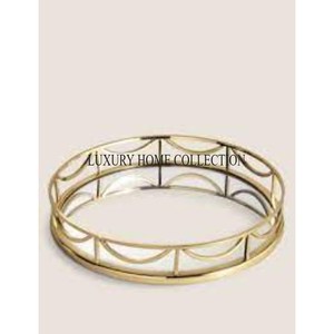 Impresionante bandeja de espejo de cristal de metal redonda grande con tono dorado delicadamente grabado para mesa de comedor de lujo o exhibición de decoración de tocador - Product Image 5