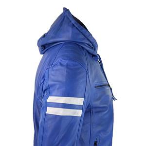 RIVIAN ATLANTIC Men's Blue Hooded Leather <b>Jacket</b> New Bomber Style <b>White</b> Stripe Hooded Leather <b>Jacket</b> ODM Service's - Product Image 6