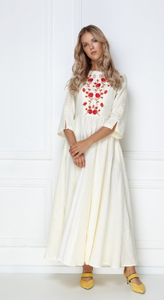 Vestido largo de manga tres cuartos con cuello redondo para mujer, ropa de calle tejida bordada hasta el suelo, ecológico, natural y sostenible - Product Image 4