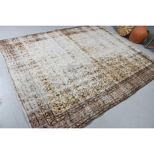 7.3x9.1 ft Vintage Large Rug, White <b>Brown</b> Turkish Camouflage <b>Wool</b> Rug - Product Image 2