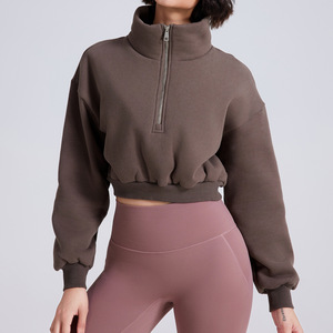 Cotton <b>Dropped</b> Shoulder Half Zip Sweatshirt High Quality Casual Oversize Crop Top Women's Pullover Sport Wear Sweatshirt - Product Image 3