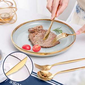 hotel restaurant utensils reusable spoon fork set Luxury gold <b>flatware</b> vintage engraved cutlery, tableware set, wedding cutlery, - Product Image 1