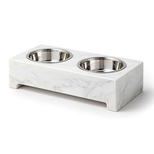 Comedero Doble para Perros de Mármol Blanco Natural en Oferta, Diseño de Bloque, Piedra Premium, Nueva Estación de Alimentación para Mascotas con Tazones de Acero Extraíbles - Product Image 1