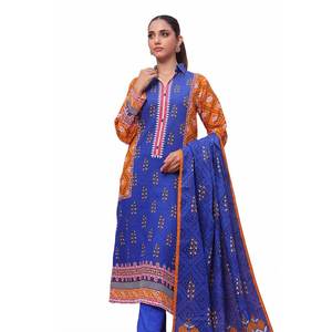 Salwar Kameez de Algodón Khaddar Azul sin Costuras de 3 Piezas para Mujer, Diseño Étnico Pintado a Mano, Estilo Pakistaní, Corte Regular, Informal, Tejido Pesado - Product Image 3