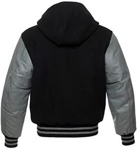 Veste universitaire noir et gris hommes à capuche Baseball Bomber Logo personnalisé laine et cuir manches Streetwear manteau - Product Image 6