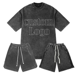 Unisex <b>Summer</b> Two-Piece Cotton Jersey Fabric Set Custom Logo Design Acid Wash Shorts Breathable <b>Shirt</b> Casual Lightweight Quick - Product Image 1