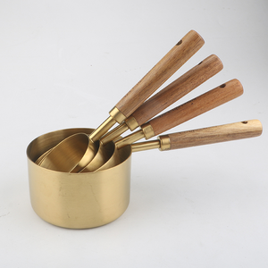Vintage Gold Wooden Handle <b>Measuring</b> Cup and <b>Spoons</b> Set of 4 Kitchen Baking Tool Gold Cafe Scoop - Product Image 3
