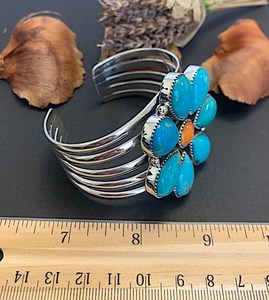 Heavy Turquoise 925 Sterling Silver Cluster Cuff <b>Bracelet</b> Adjustable - Product Image 2