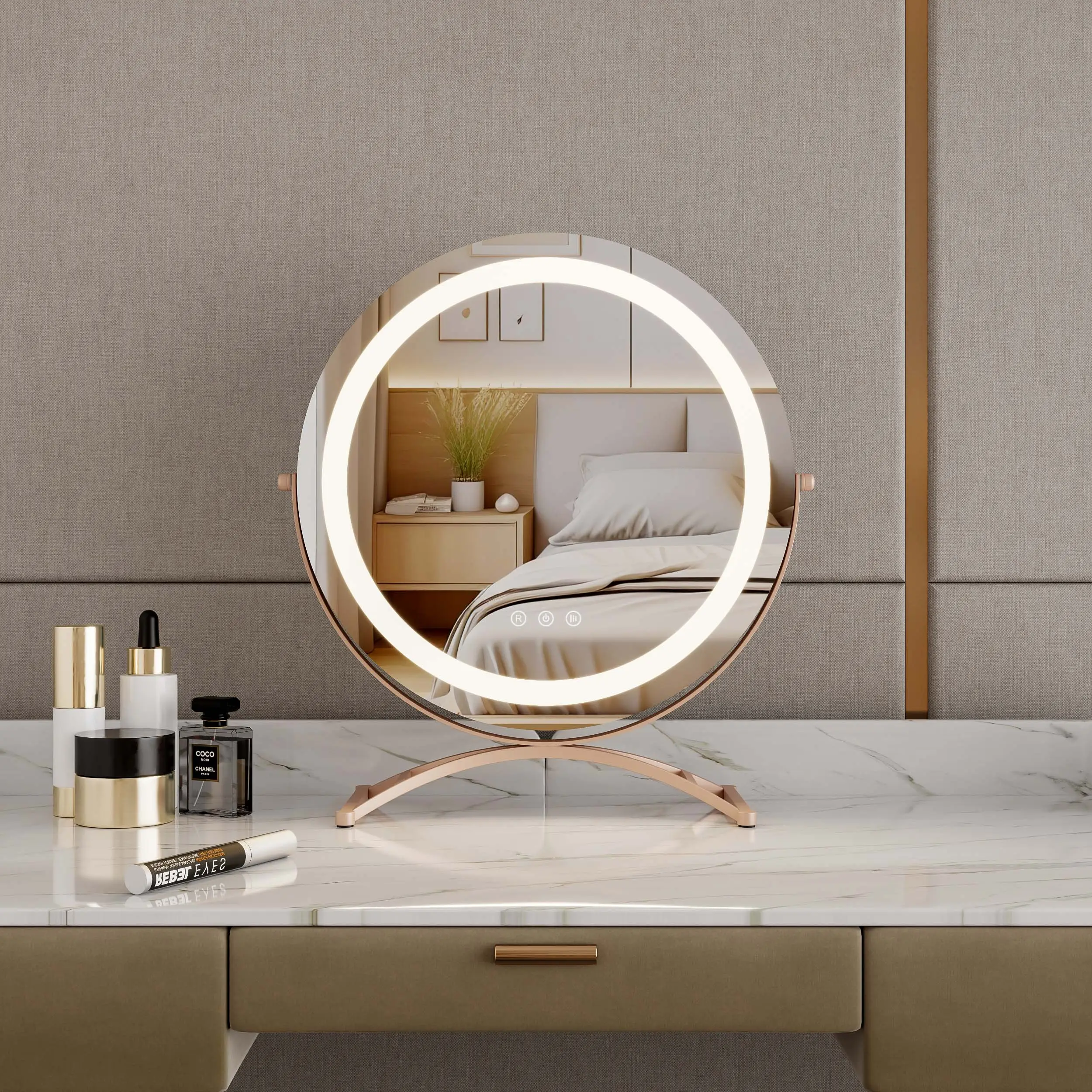 Lampu meja rias portabel pintar sentuh hitam putih emas mawar bulat kosmetik lampu meja cermin rias dengan cermin rias LED