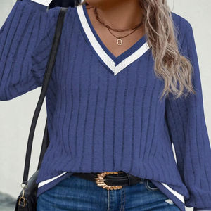 Sweat-shirt à col en V pour femme personnalisé, couleur unie, tricot gaufré, sweat-shirt tricoté gaufré pour femmes - Product Image 1