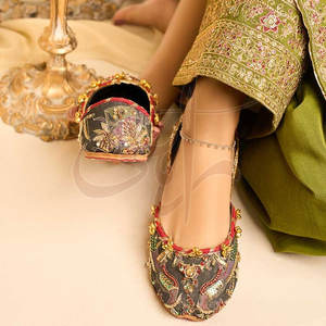 Golden Multicolored Embroidery Women <b>Khussa</b> Classic Beading Striking Floral Designs Anti-Slippery Genuine Leather Outsole Velvet - Product Image 4