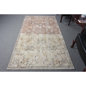 4.4x7.7 ft Rug, Vintage Rug, Turkish <b>Brown</b> <b>Wool</b> Ikat Rug - Product Image 1