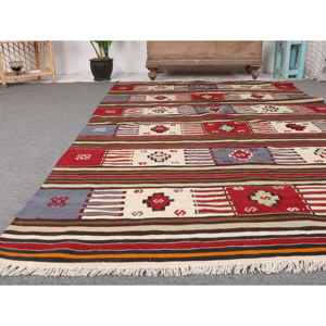 Tapis turc vintage 4,9x7,5 pieds, tapis en laine rouge et bleu à motifs floraux - Product Image 5