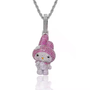 1 Inch Cute Pink Cartoon Character Iced Out Pendant <b>Necklace</b> 925 <b>Silver</b> Luxury Lab Grown <b>Diamond</b> Bling Jewelry for Women USA - Product Image 4