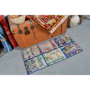 Alfombra Turca Vintage, Alfombra de 1.6x3.3 pies, Alfombra de Lana Abstracta Azul y Roja - Product Image 2