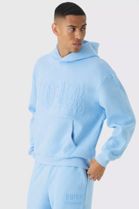 ชุดวอร์ม2ชิ้นสำหรับผู้ชายชุดวอร์มสีฟ้าโอเวอร์ไซส์ลายนูนสำหรับผู้ชายโลโก้แบบกำหนดเองความต้องการสูง - Product Image 3