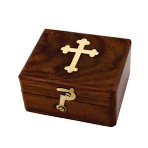 Luxury Wooden & Brass Cremation Urn with Christian Cross Inlay Clasp <b>Vintage</b> Design Leak-Proof Handcrafted 8 Inch - Product Image 1