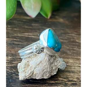 Bague artisanale Navajo en turquoise de Kingman, argent sterling, taille 7.5, plaqué or rose 18 carats, sertissage clos, incrustation, cadeau, sous licence 'IS' - Product Image 3