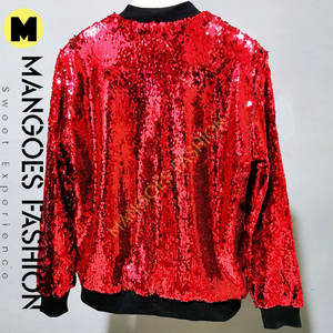 Veste bombardier à paillettes rouge pour femmes-printemps automne à manches longues fermeture éclair Streetwear vêtements décontractés amples vestes à paillettes - Product Image 5