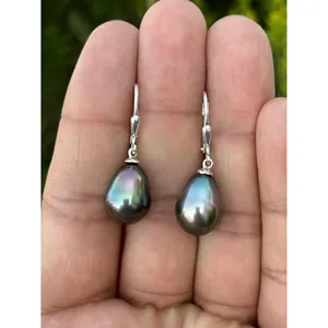 Boucles d'oreilles pendantes en perles noires naturelles de Tahiti, argent sterling 925 plaqué rhodium, qualité AAAAA, bijoux classiques faits à la main, vente en gros - Product Image 1