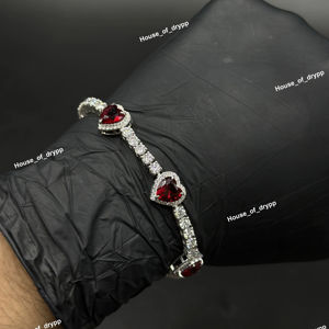 <b>Red</b> Heart Cut Tennis <b>Bracelet</b> Silver With Moissanite Diamond Look Stones Iced Out Design Romantic Luxury Jewelry For Unisex - Product Image 1