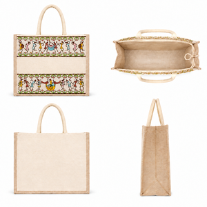 Sac fourre-tout en coton et jute brodé Warli beige Tribal Beats, 12 x 10 x 4 pouces, avec fermeture éclair, réutilisable, emballage cadeau personnalisé - Product Image 2