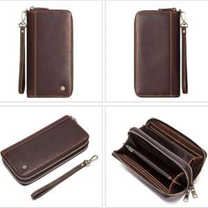 Cartera larga de cuero genuino para hombre, doble cremallera con correa para la muñeca, cartera larga para hombre, monederos para teléfono móvil - Product Image 5