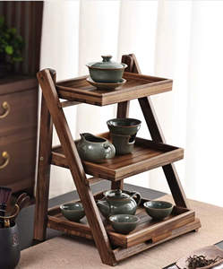 Étagère à trois niveaux en bois massif contemporaine avec tiroirs, design minimaliste, présentoir pour vaisselle à thé, rangement, fabrication écologique, fabriqué au Vietnam - Product Image 1